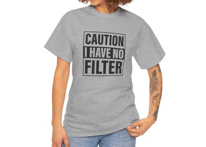 A person wearing a gray T-shirt with bold text "Caution: I Have No Filter" in black, casually posing. Part of the Vivid Divergence Sensory Friendly Unisex Tees Range.