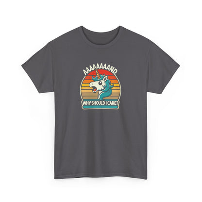 Front view of a gray T-shirt with a "Aaaaand Why Should I Care?" text and unicorn rainbow retro graphic. Part of the Vivid Divergence Sensory Friendly Unisex Tees Range.
