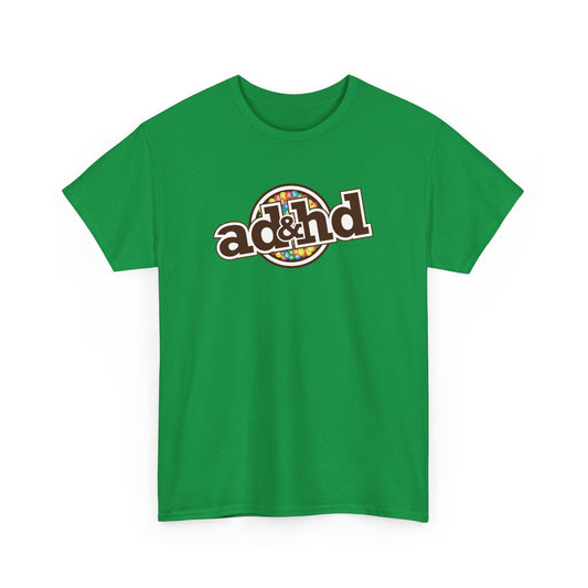 Front view of a green ADHD parody T-shirt styled like m&m candy branding. Part of the Vivid Divergence Sensory Friendly Unisex Tees Range.