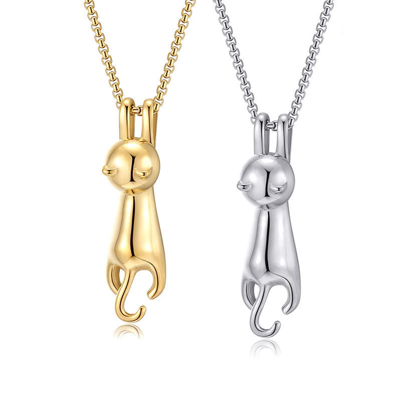 Side-by-side view of the Hang Tight Cat Necklaces in gold and silver titanium steel, emphasizing the cute and unique hanging cat design, set against a white background.