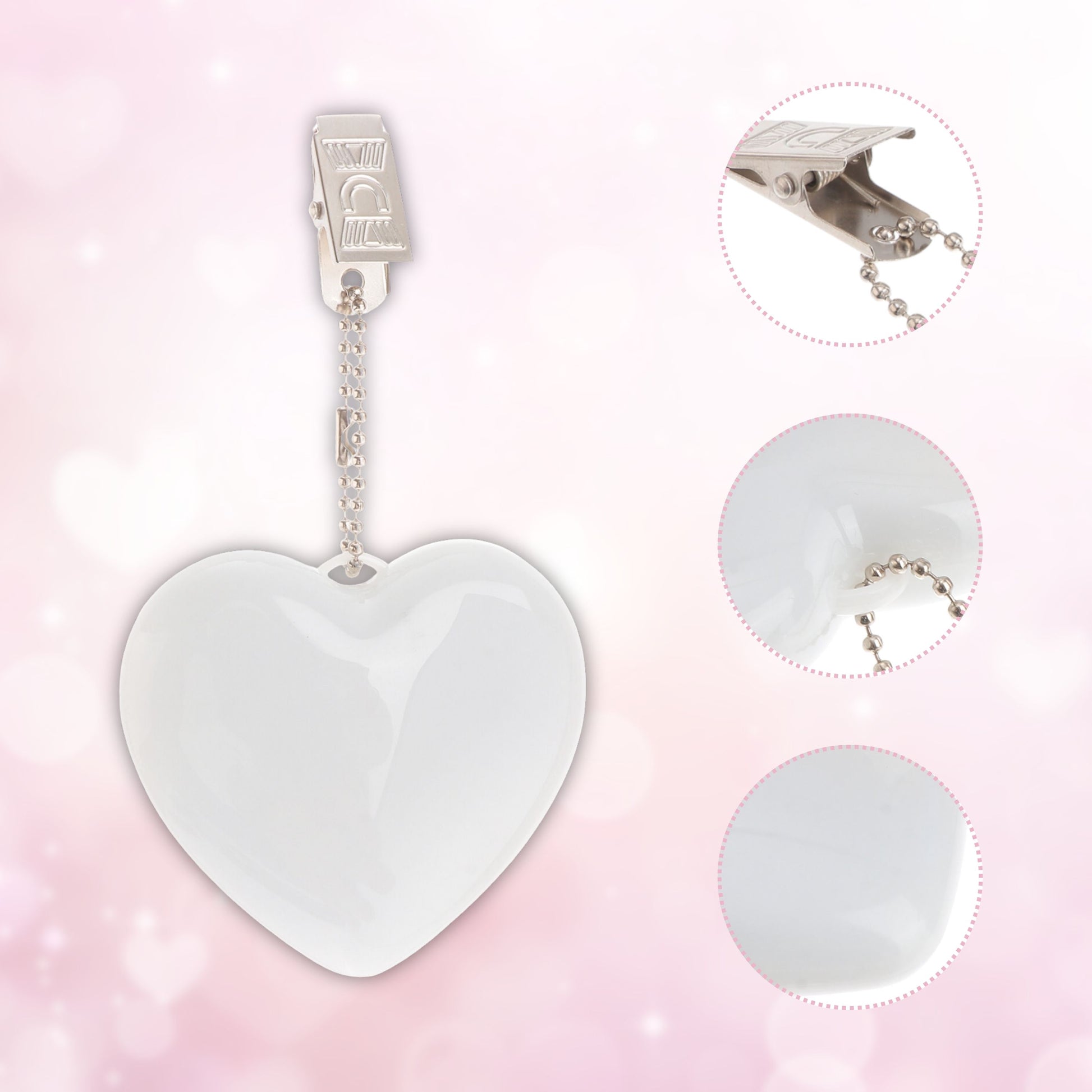 Heart-shaped LED bag clip with detailed close-ups of the clasp and chain, showcasing its stylish and durable design.