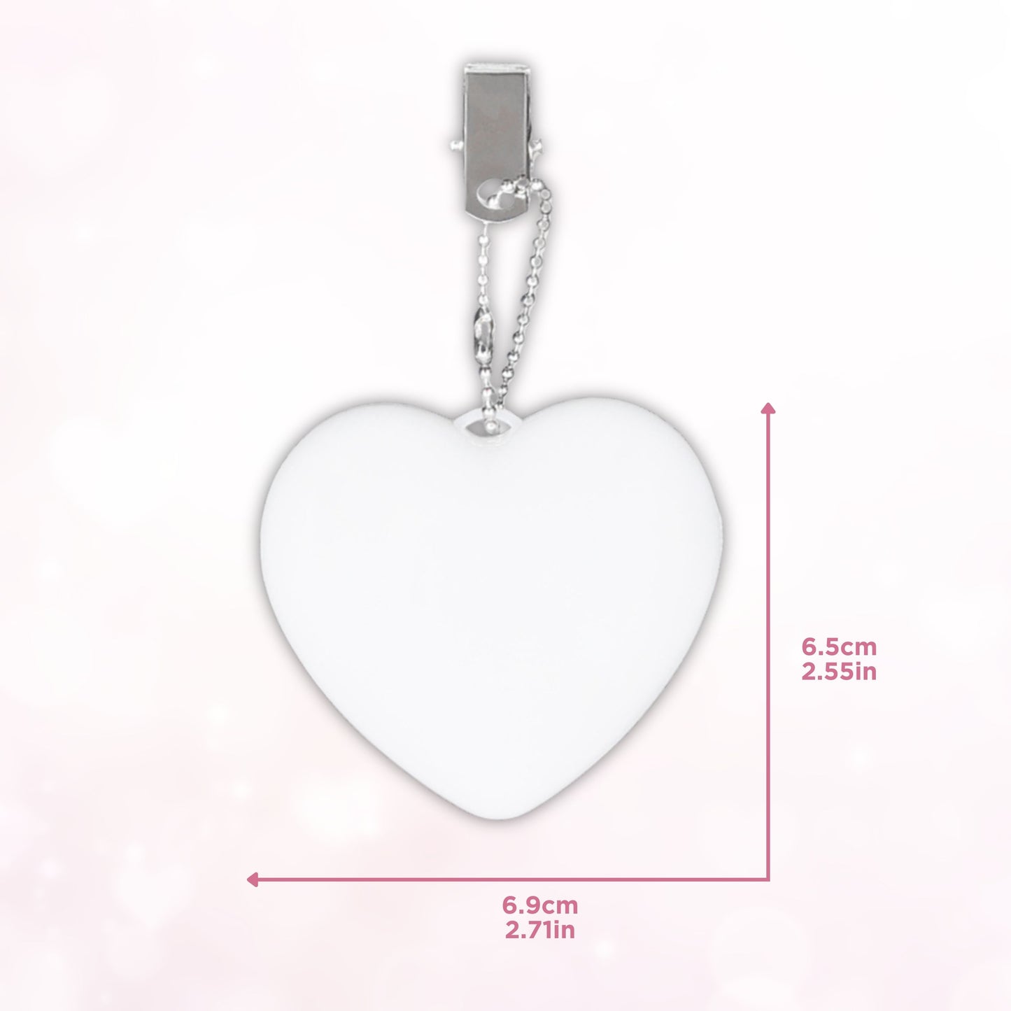 Heart-shaped LED bag clip with measurements displayed, emphasizing its compact and portable dimensions.