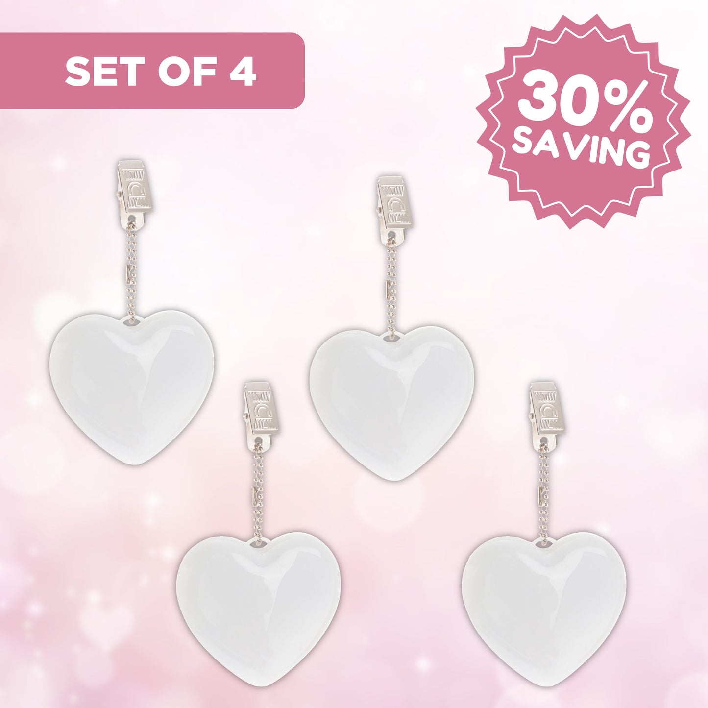 Set of four heart-shaped LED bag clips on a pink background with a 30% savings label, showcasing a bundle deal.