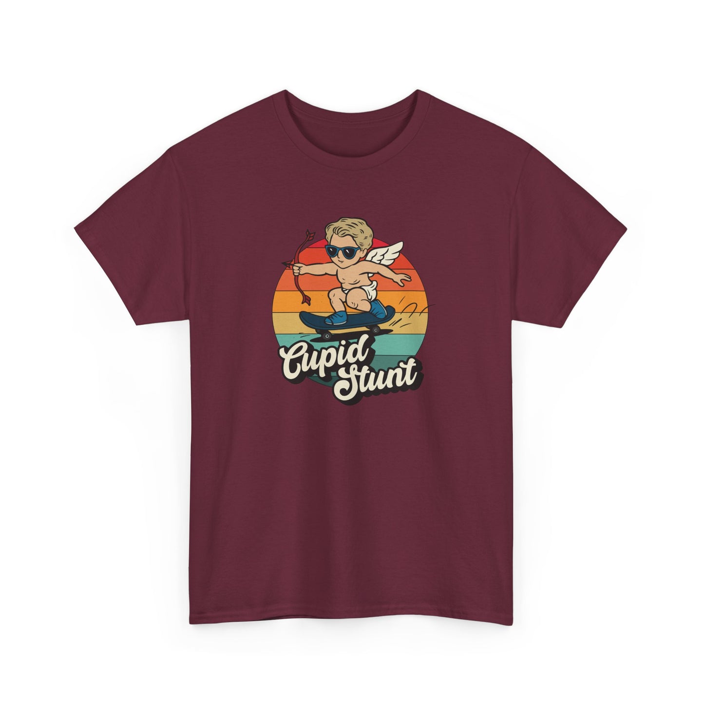 Front view of a maroon T-shirt featuring a retro sunset background and a cartoon cupid with the text "Cupid Stunt." Exclusive release for Valentine’s Day. Part of the Vivid Divergence Sensory Friendly Unisex Tees Range. 