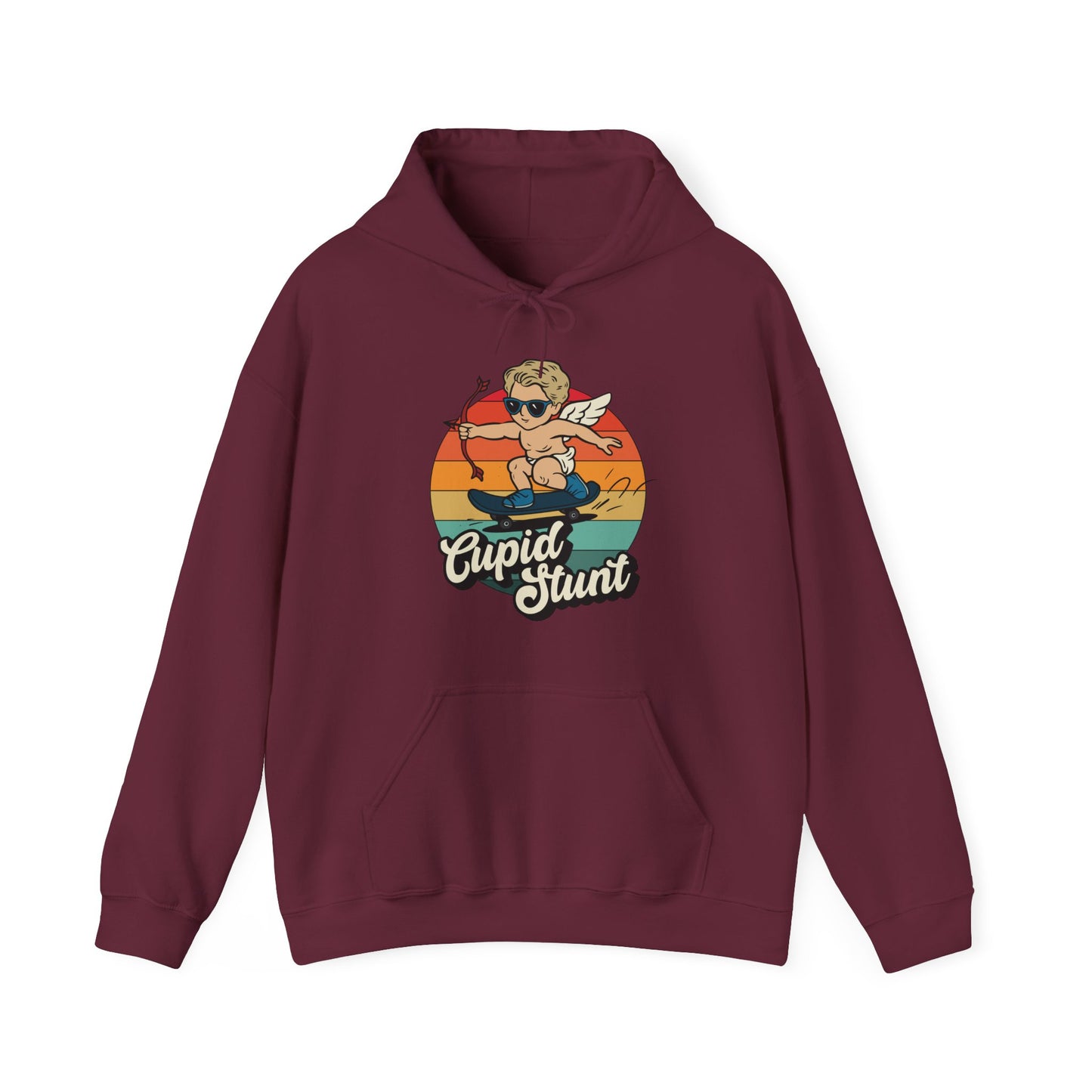 Front view of a maroon hoodie with a vintage sunset design featuring Cupid riding a skateboard and "Cupid Stunt" text. Exclusive release for Valentine's Day. Part of the Vivid Divergence Sensory Friendly Sweaters Range.