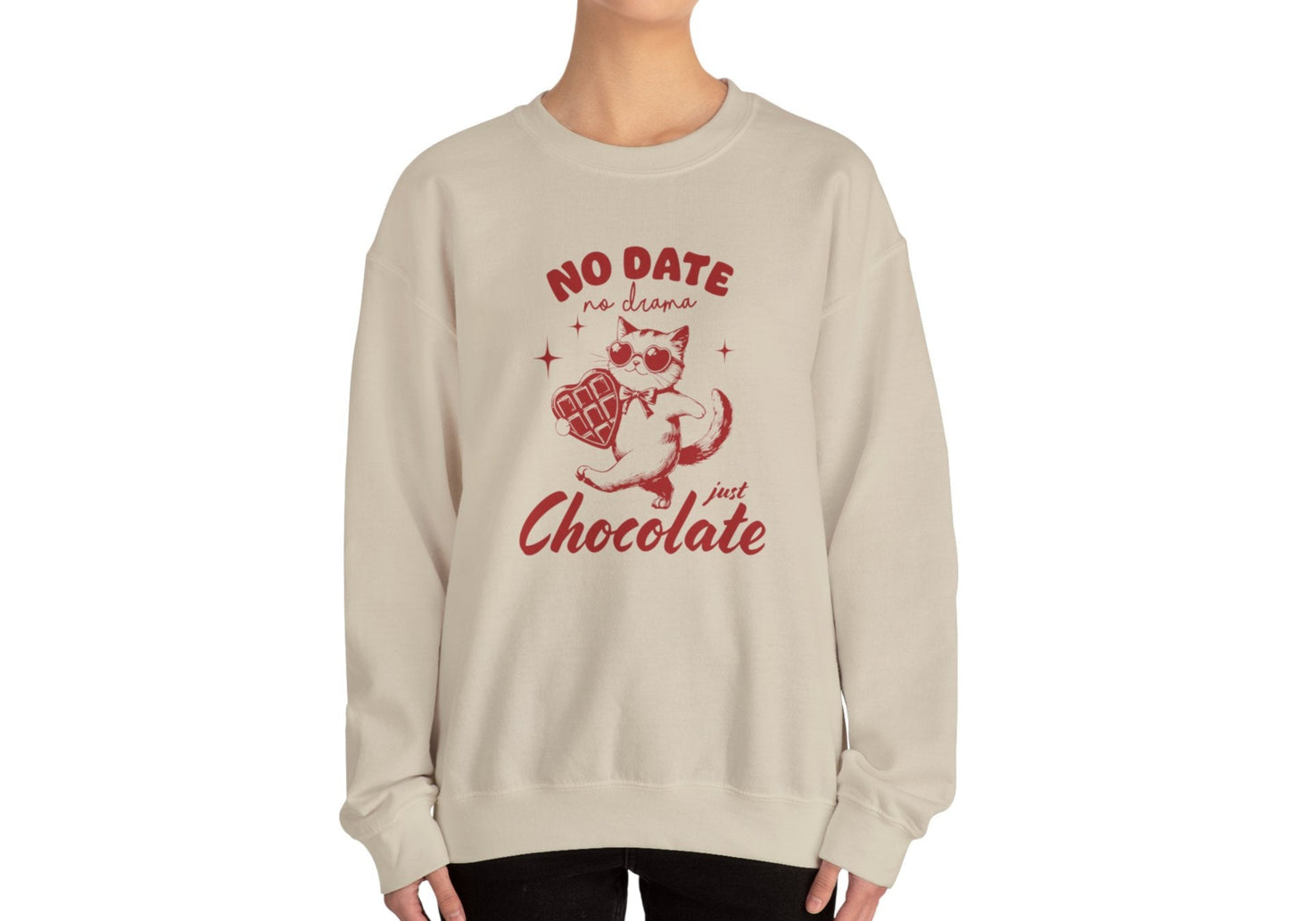 Model wearing a beige sweatshirt with "No Date, Just Chocolate" text and cute cartoon chocolate design in red. Exclusive release for Valentine's Day. Part of the Vivid Divergence Sensory Friendly Sweaters Range.