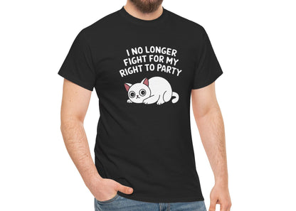 Model wearing a black T-shirt with the text "I No Longer Fight For My Right To Party" above a napping white cat graphic, smiling. Part of the Vivid Divergence Sensory Friendly Unisex Tees Range.