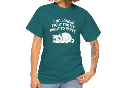 Model wearing a teal T-shirt with the text "I No Longer Fight For My Right To Party" above a napping white cat graphic, standing casually. Part of the Vivid Divergence Sensory Friendly Unisex Tees Range.