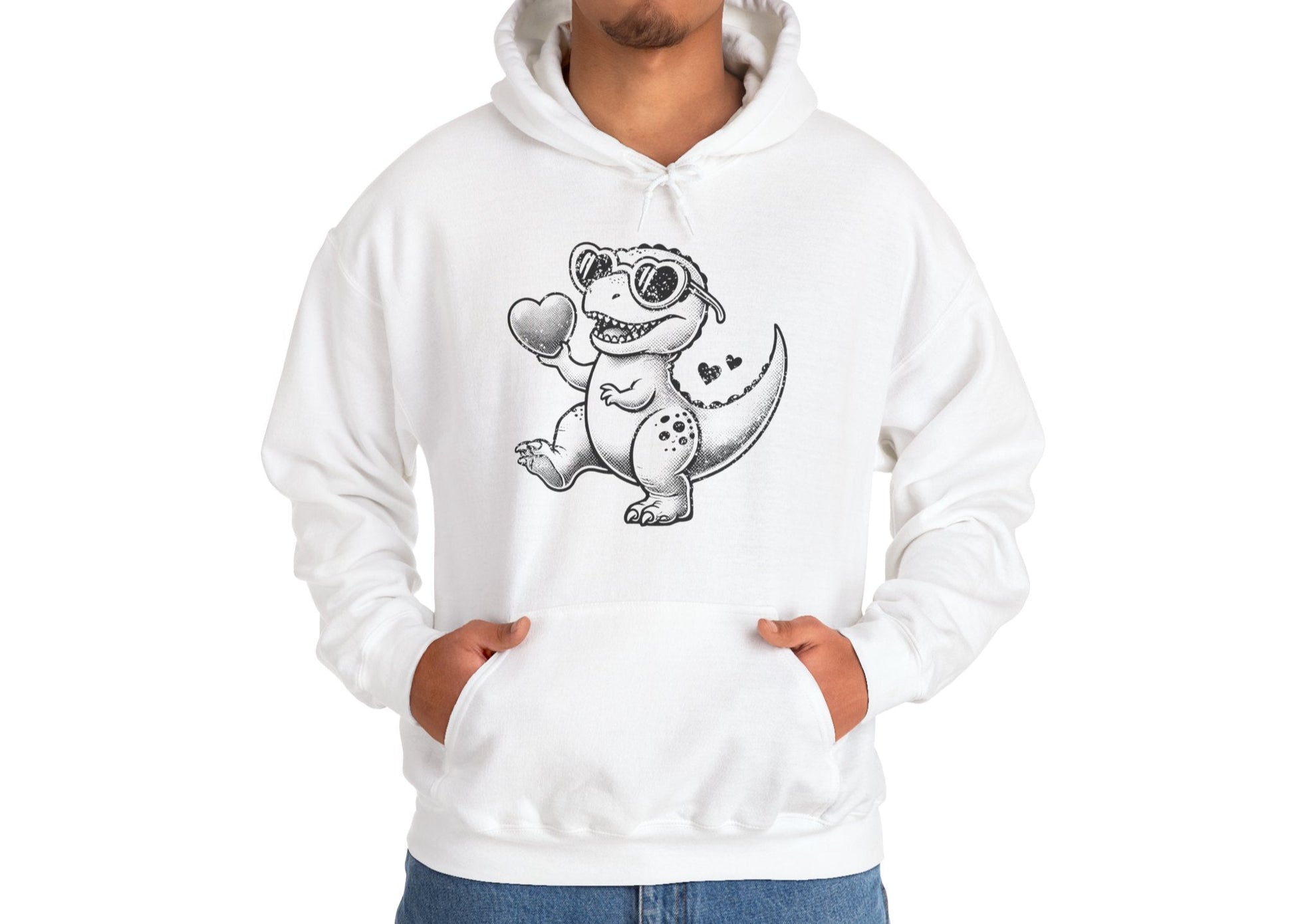 Model wearing a white hoodie featuring a cute cartoon dinosaur holding hearts in a black design. Exclusive release for Valentine's Day. Part of the Vivid Divergence Sensory Friendly Sweaters Range.