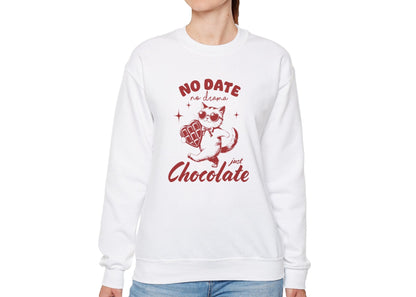 Model wearing a white sweatshirt with "No Date, Just Chocolate" text and cute cartoon chocolate design in red. Exclusive release for Valentine's Day. Part of the Vivid Divergence Sensory Friendly Sweaters Range.