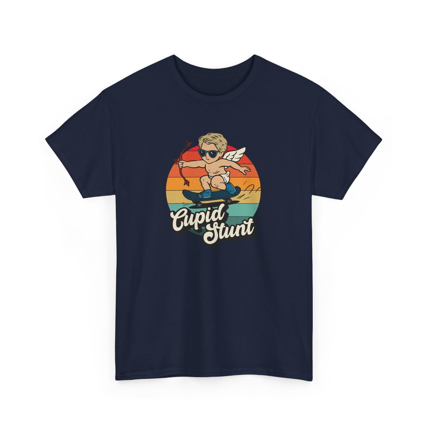 Front view of a navy T-shirt featuring a retro sunset background and a cartoon cupid with the text "Cupid Stunt." Exclusive release for Valentine’s Day. Part of the Vivid Divergence Sensory Friendly Unisex Tees Range.