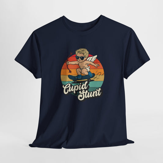 Hanging navy T-shirt featuring a retro sunset background and a cartoon cupid with the text "Cupid Stunt." Exclusive release for Valentine’s Day. Part of the Vivid Divergence Sensory Friendly Unisex Tees Range.