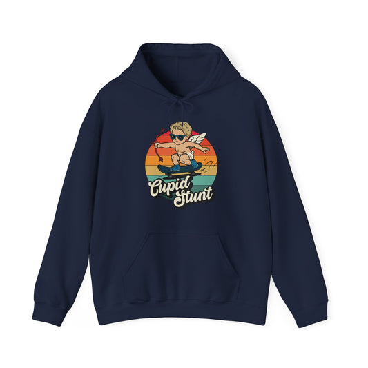 Front view of a navy hoodie with a vintage sunset design featuring Cupid riding a skateboard and "Cupid Stunt" text. Exclusive release for Valentine's Day. Part of the Vivid Divergence Sensory Friendly Sweaters Range.