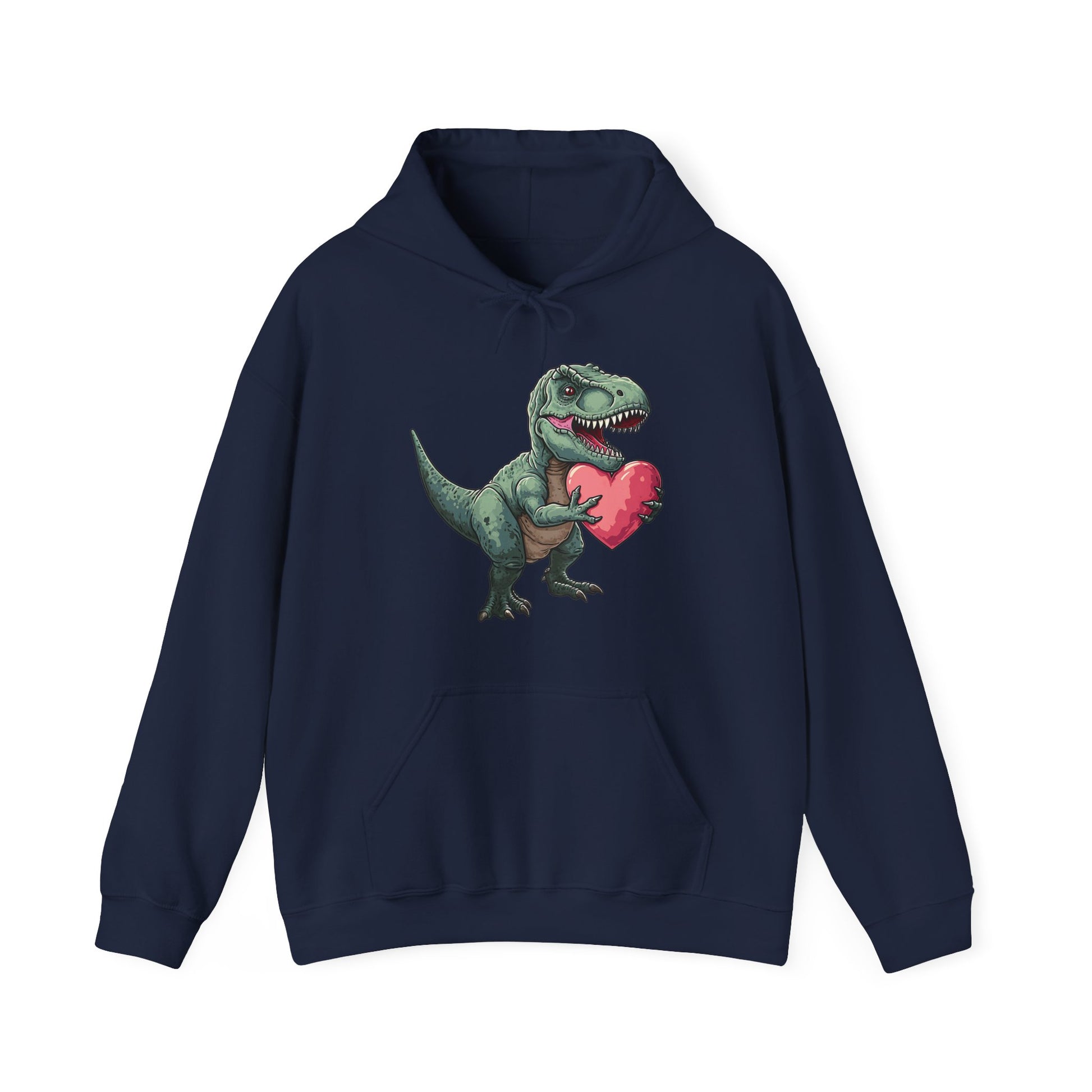 Front view of a navy hoodie featuring a cute cartoon T-Rex holding a pink heart. Exclusive release for Valentine's Day. Part of the Vivid Divergence Sensory Friendly Sweaters Range.