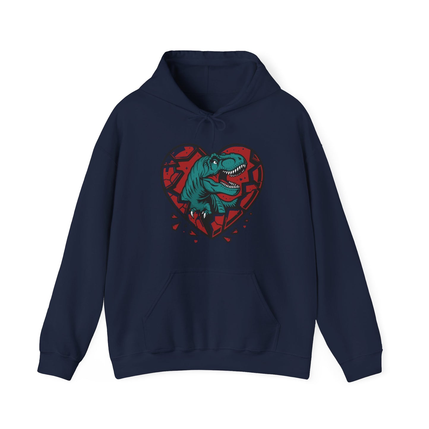 Front view of a navy hoodie with a shattered heart design featuring a T-Rex emerging from the center in vibrant teal and red tones. Exclusive release for Valentine's Day. Part of the Vivid Divergence Sensory Friendly Sweaters Range.