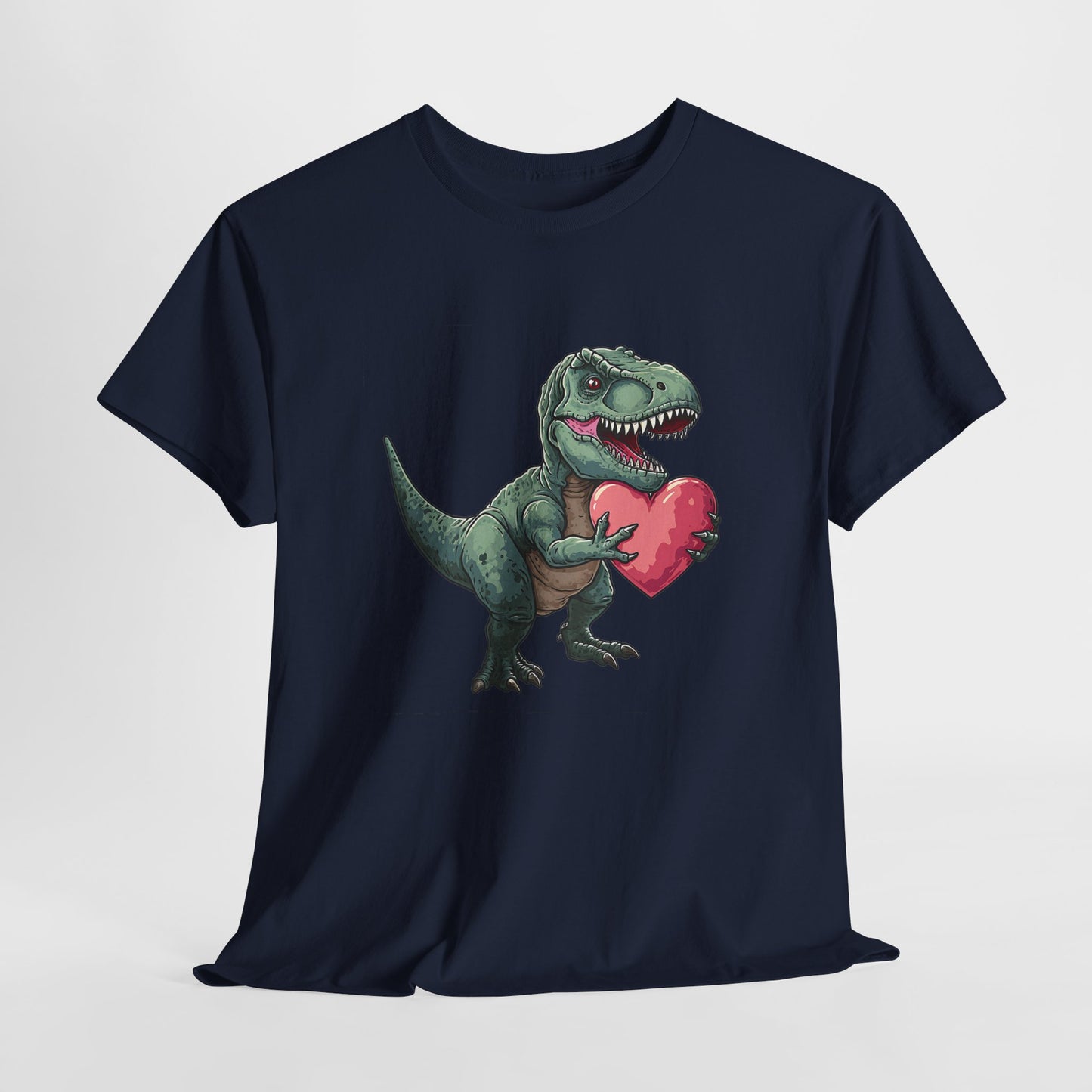 Hanging view of a navy T-shirt featuring a playful T-Rex holding a pink heart. Part of the Vivid Divergence Sensory Friendly Unisex Tees Range.