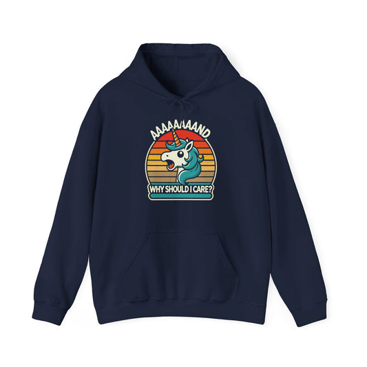 Front view of a navy hoodie with a "Aaaaand Why Should I Care?" text and unicorn rainbow retro graphic. Part of the Vivid Divergence Sensory Friendly Unisex Hoodie Range.