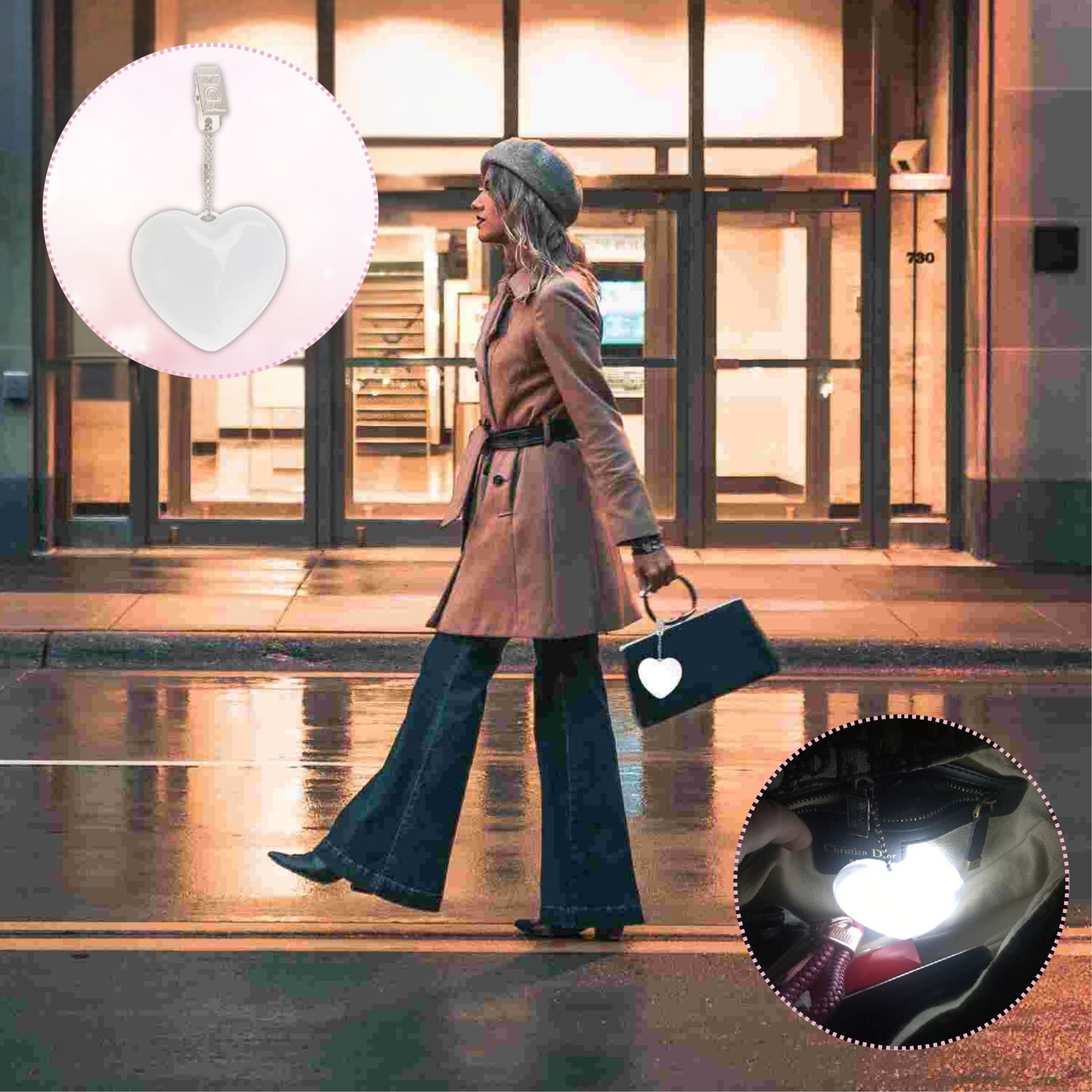 Stylish woman walking at night carrying a handbag lit by a glowing heart-shaped LED bag clip for enhanced visibility.