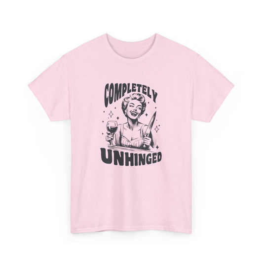 Front view of a pink T-shirt with "Completely Unhinged" text and graphic design. Part of the Vivid Divergence Sensory Friendly Unisex Tees Range.