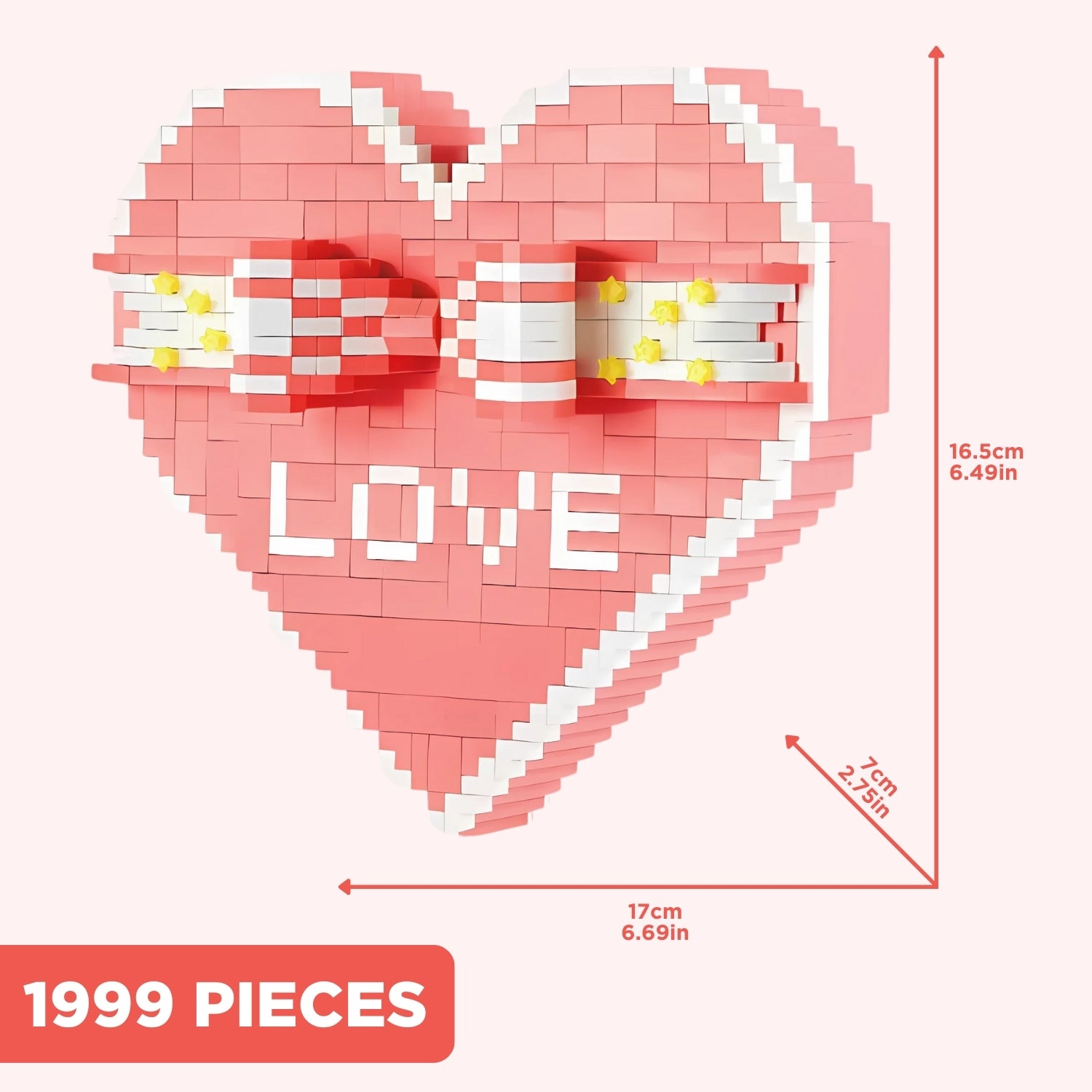 Dimensions of a pink heart-shaped building block gift box with "LOVE" text and bow, showing its size in centimeters.