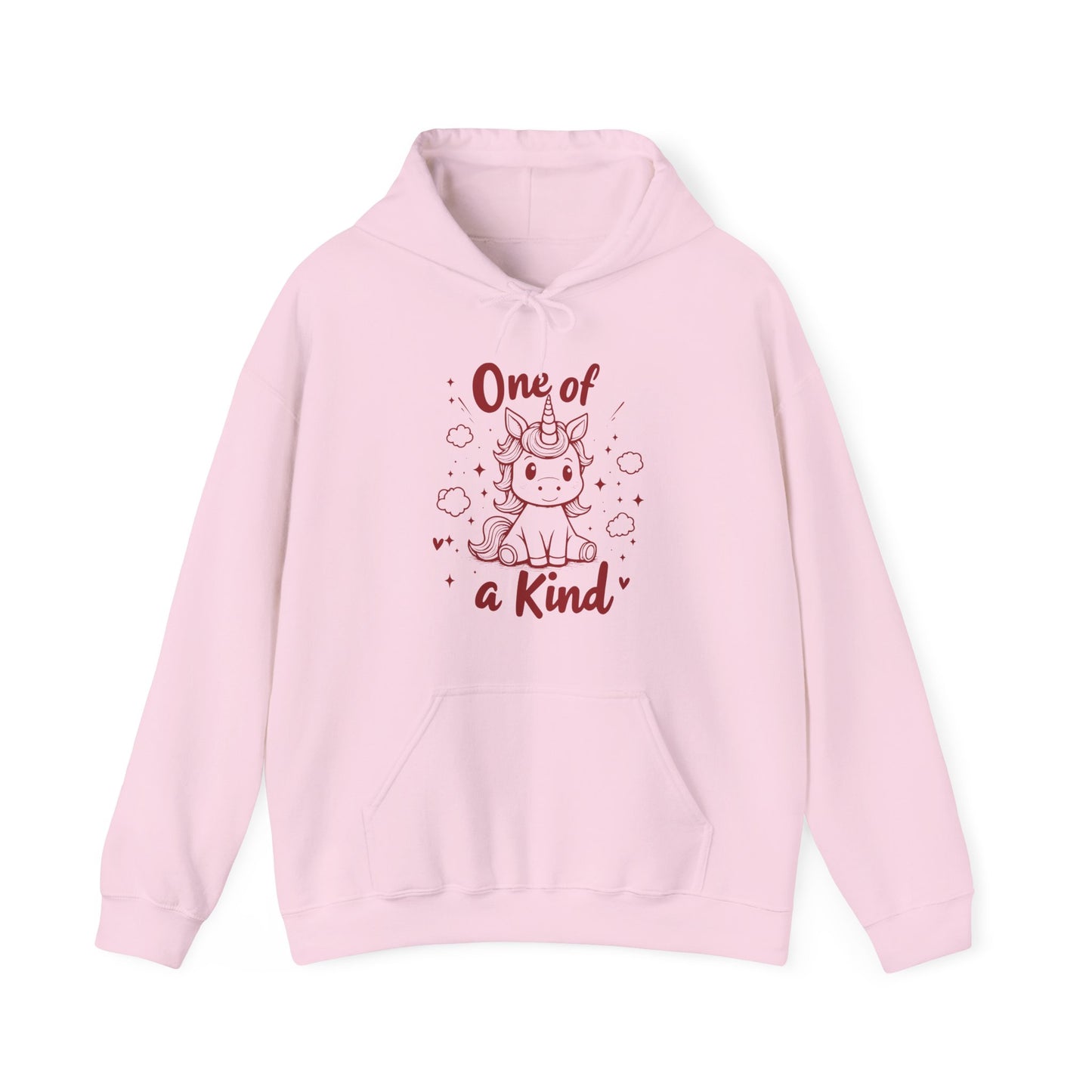 Front view of a pink hoodie featuring "One of a Kind" text and a cute unicorn design in red. Exclusive release for Valentine's Day. Part of the Vivid Divergence Sensory Friendly Sweaters Range.