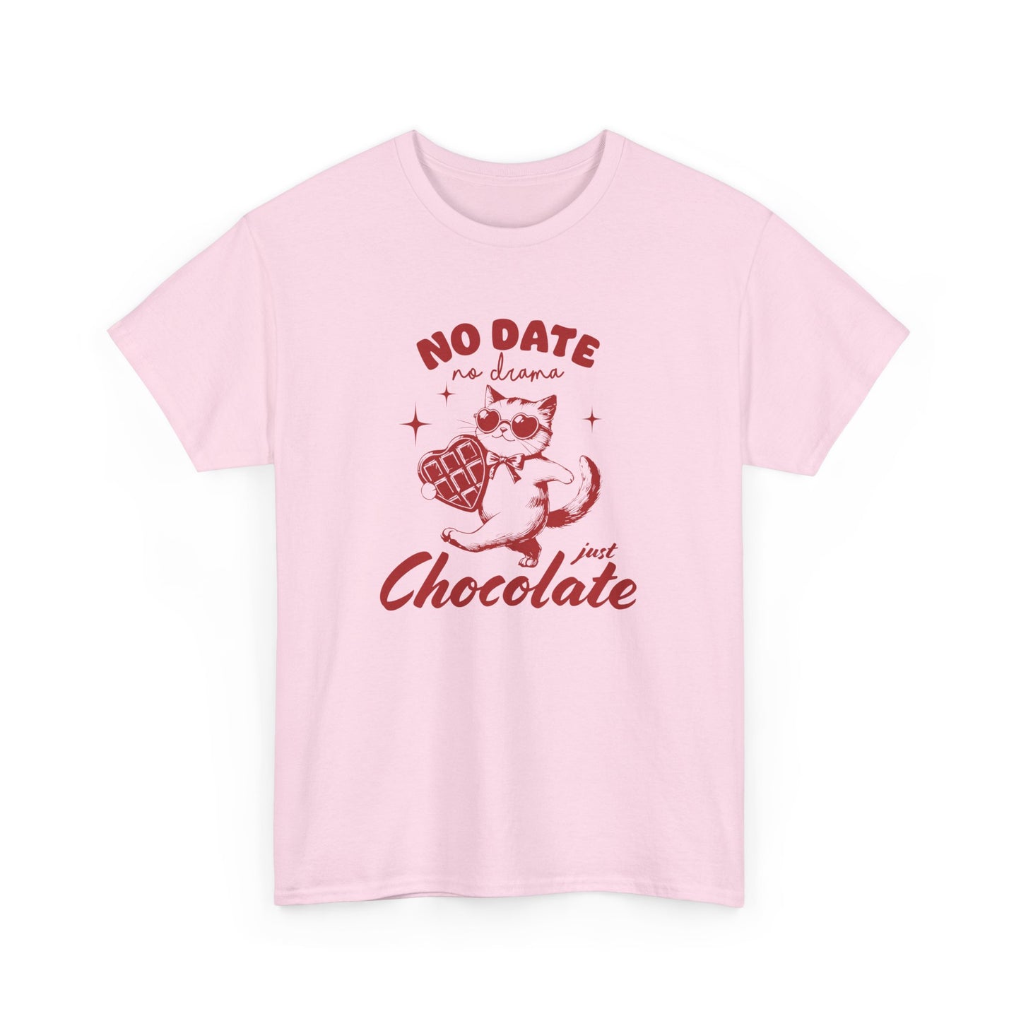 Front view of a pink T-shirt featuring the "No Date No Dramas Just Chocolate" design with a cat holding chocolate. Exclusive release for Valentine's Day. Part of the Vivid Divergence Sensory Friendly Unisex Tees Range.