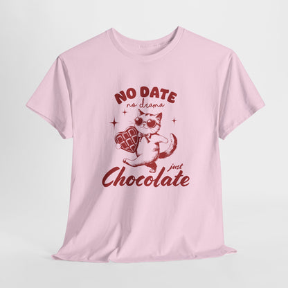 Hanging view of a pink T-shirt featuring the "No Date No Dramas Just Chocolate" design with a cat holding chocolate. Exclusive release for Valentine's Day. Part of the Vivid Divergence Sensory Friendly Unisex Tees Range.