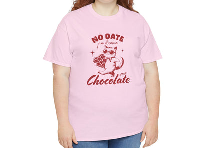 Modeled view of a pink T-shirt featuring the "No Date No Dramas Just Chocolate" design with a cat holding chocolate. Exclusive release for Valentine's Day. Part of the Vivid Divergence Sensory Friendly Unisex Tees Range.