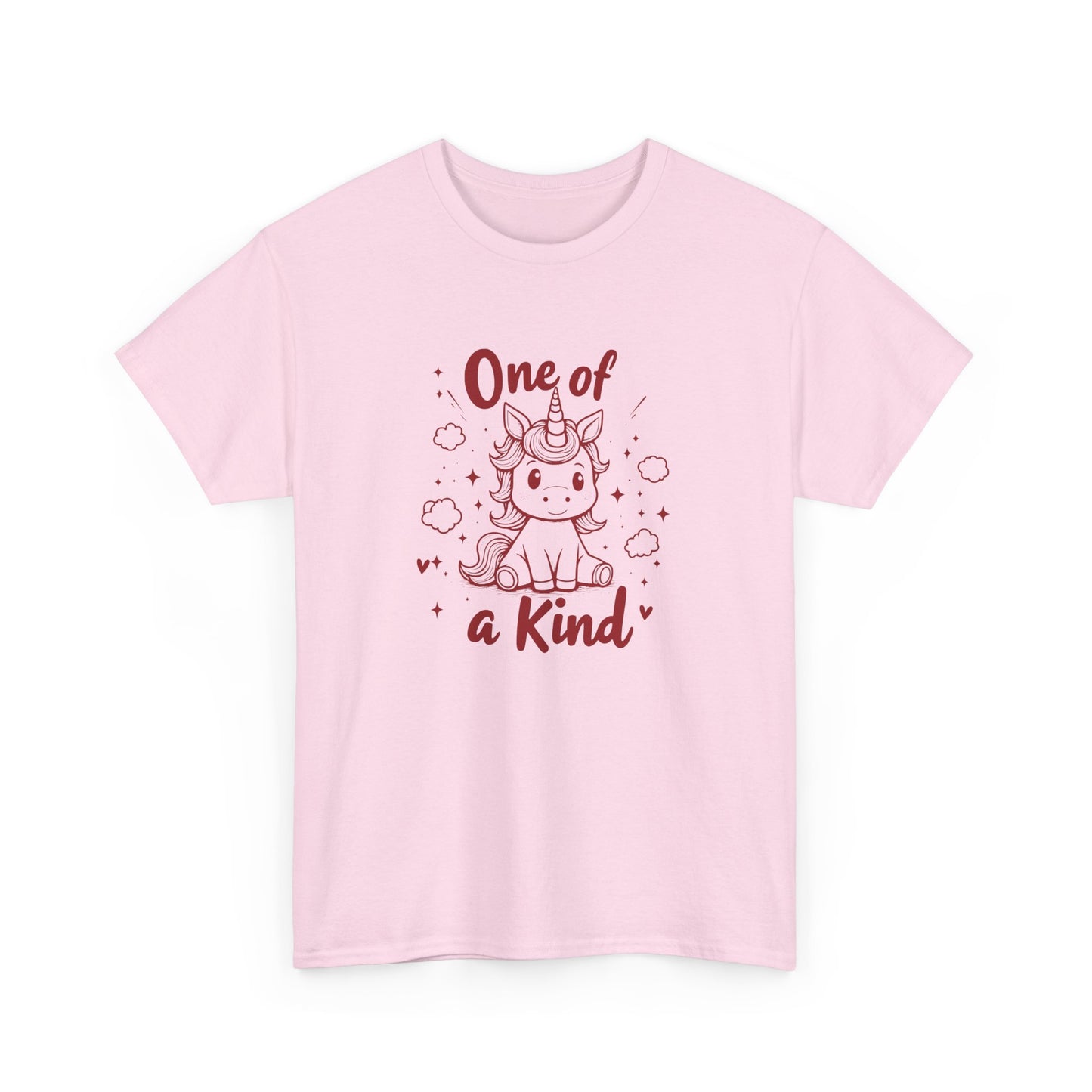 Front view of a pink T-shirt featuring the "One of a Kind" design with a doodle-style unicorn surrounded by hearts and sparkles. Part of the Vivid Divergence Sensory Friendly Unisex Tees Range.