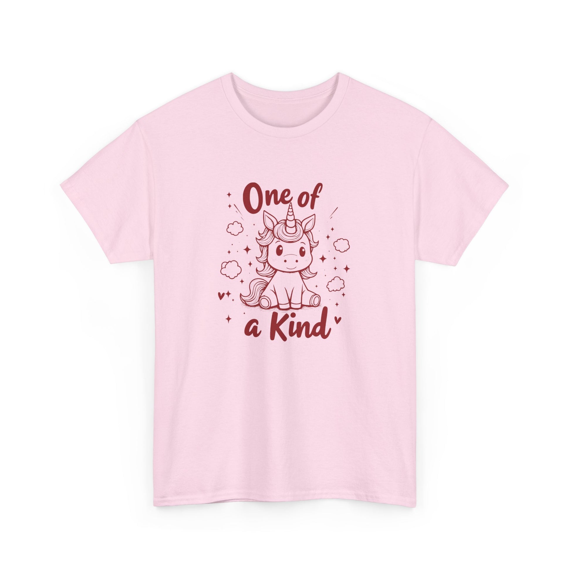 Front view of a pink T-shirt featuring the "One of a Kind" design with a doodle-style unicorn surrounded by hearts and sparkles. Part of the Vivid Divergence Sensory Friendly Unisex Tees Range.