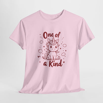 Hanging view of a pink T-shirt featuring the "One of a Kind" design with a doodle-style unicorn surrounded by hearts and sparkles. Part of the Vivid Divergence Sensory Friendly Unisex Tees Range.