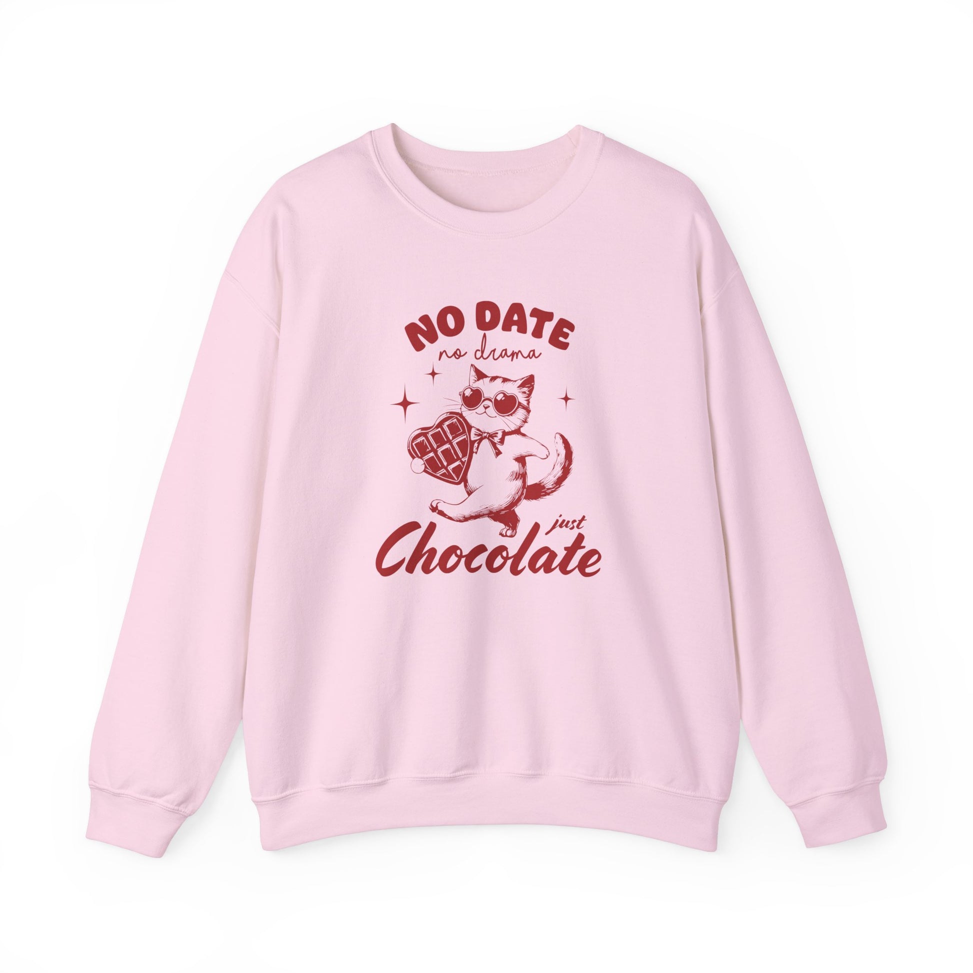 Front view of a pink sweatshirt with "No Date, Just Chocolate" text and cute cartoon chocolate design in red. Exclusive release for Valentine's Day. Part of the Vivid Divergence Sensory Friendly Sweaters Range.