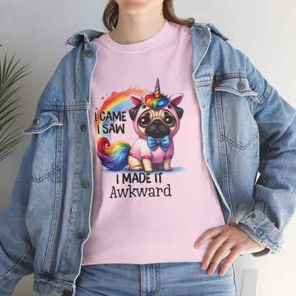 Close-up of a pink T-shirt featuring a colorful unicorn pug design with the text "I Came, I Saw, I Made It Awkward." Part of the Vivid Divergence Sensory Friendly Unisex Tees Range.