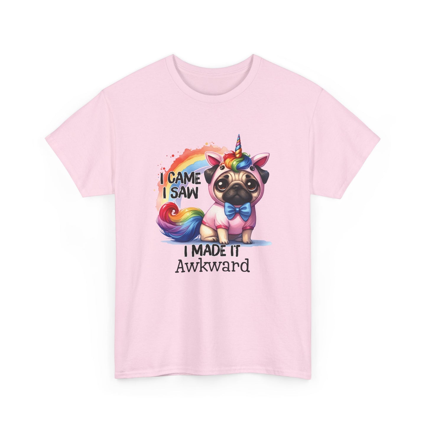 Front view of a pink T-shirt featuring a colorful unicorn pug design with the text "I Came, I Saw, I Made It Awkward." Part of the Vivid Divergence Sensory Friendly Unisex Tees Range.