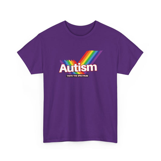 Front view of a purple T-shirt with the phrase "Autism" in a Skittles-inspired design featuring a rainbow graphic. Part of the Vivid Divergence Sensory Friendly Unisex Tees Range.