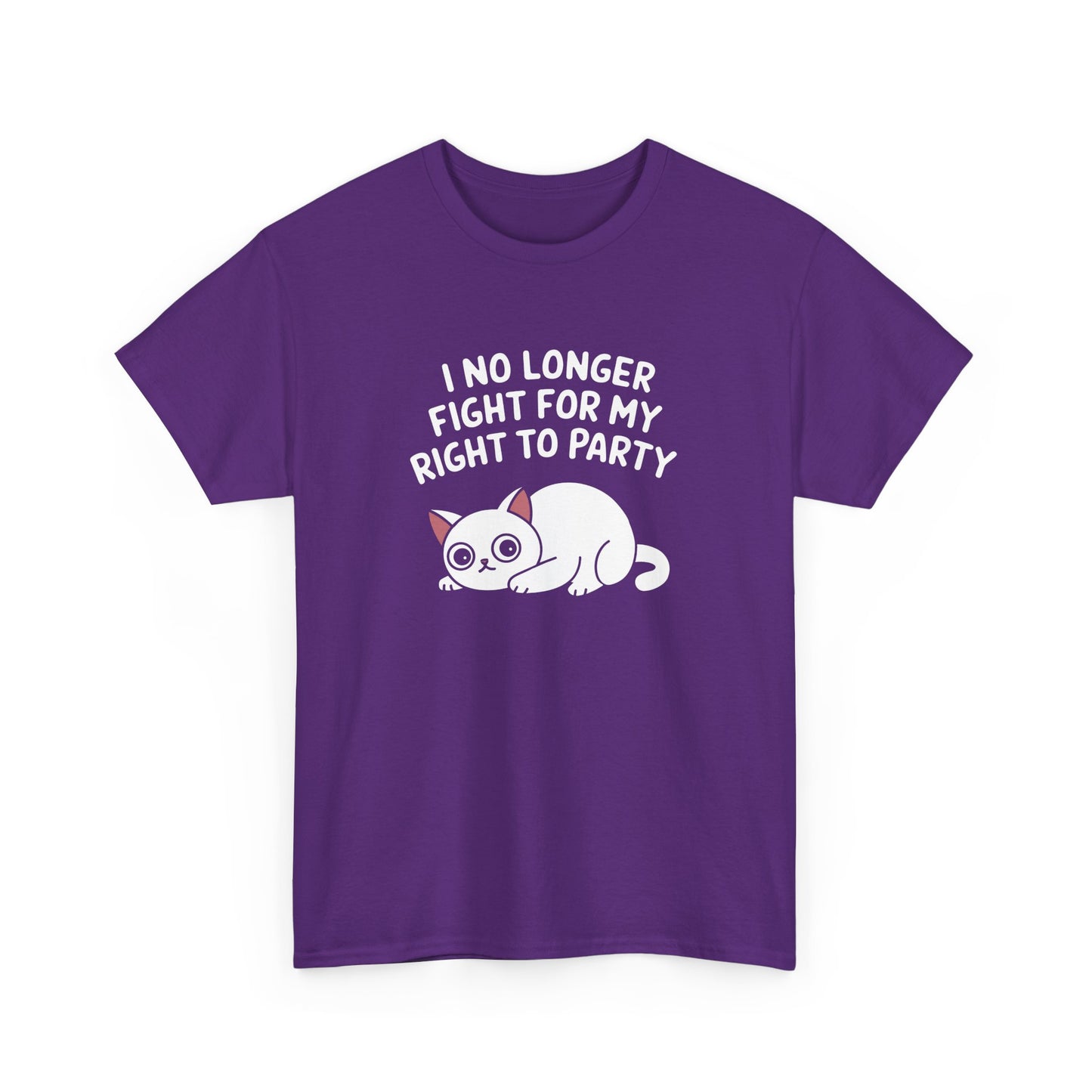 Front view of a purple T-shirt with the text "I No Longer Fight For My Right To Party" above a napping white cat graphic. Part of the Vivid Divergence Sensory Friendly Unisex Tees Range.