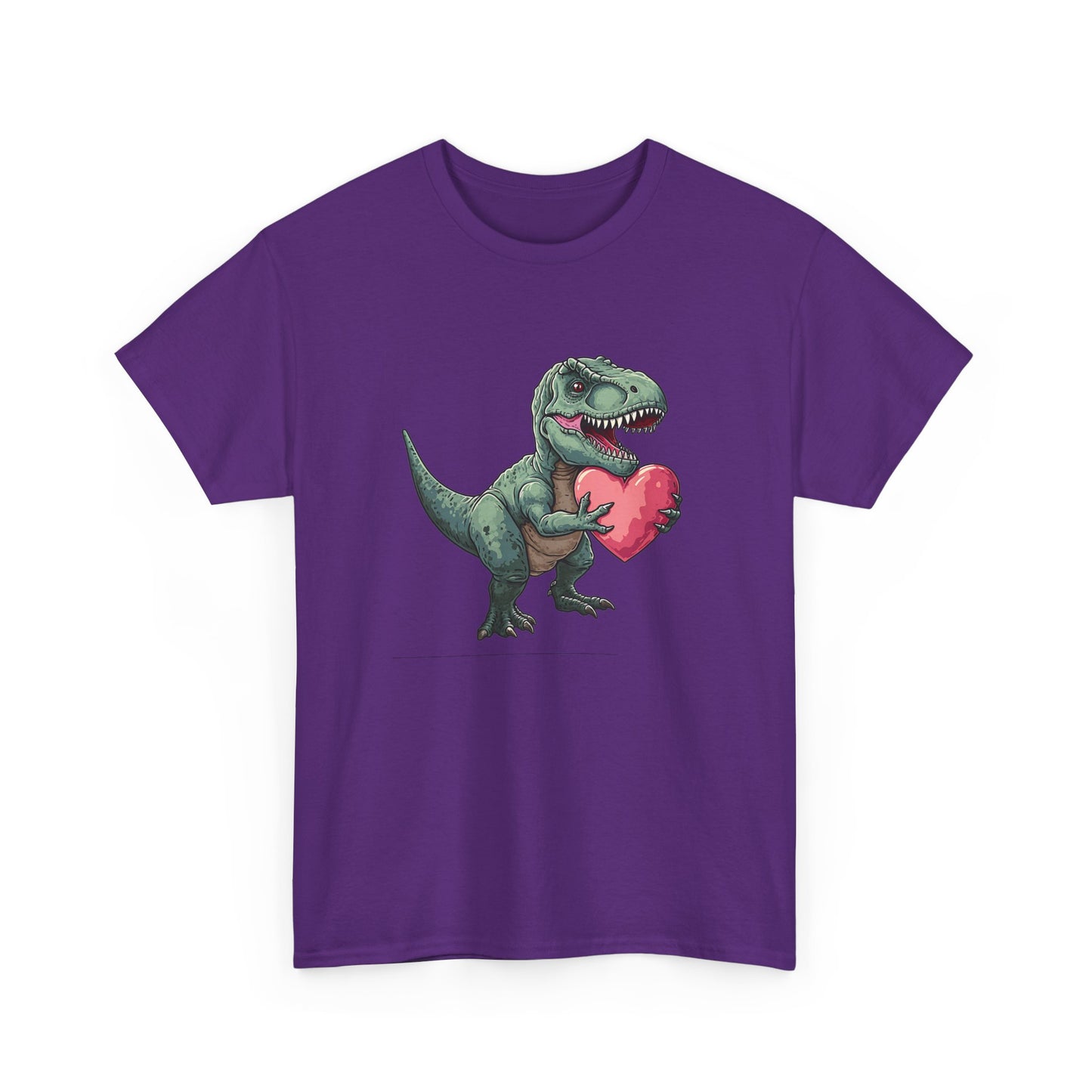 Front view of a purple T-shirt with a playful T-Rex holding a pink heart. Part of the Vivid Divergence Sensory Friendly Unisex Tees Range.