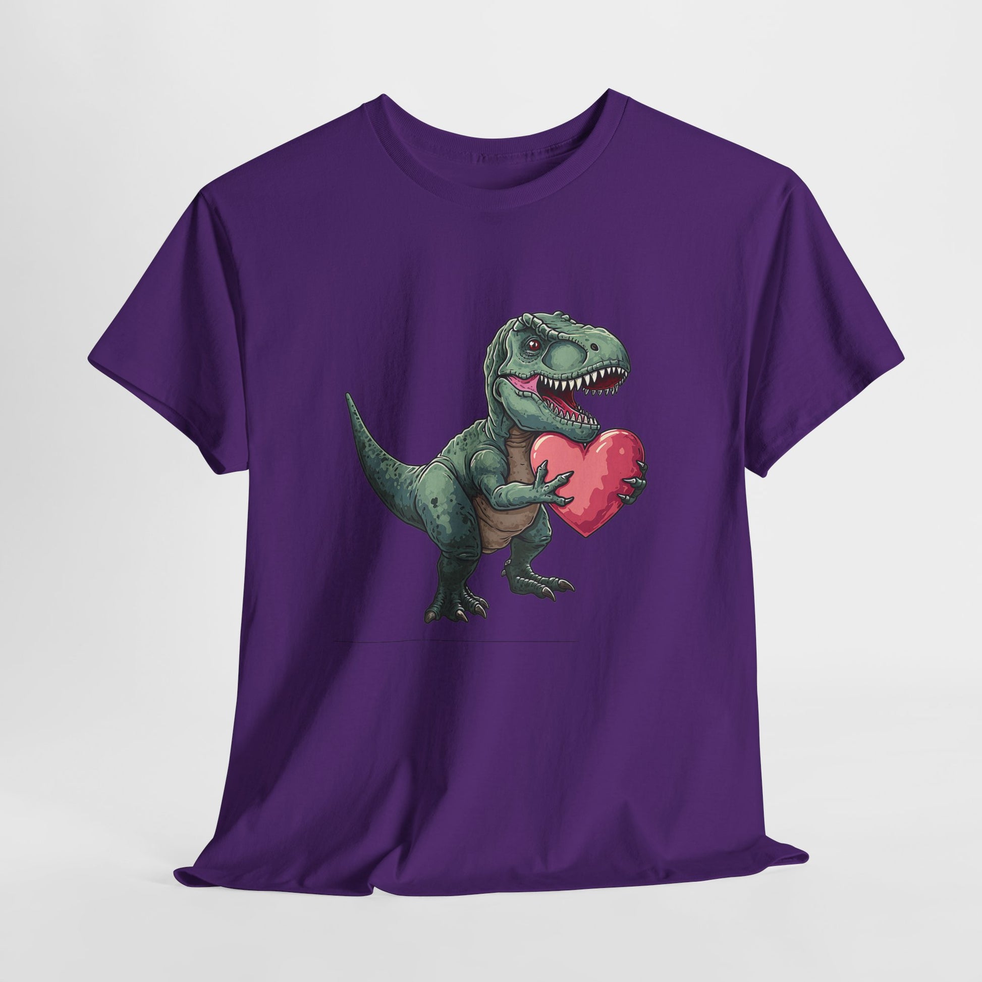 Hanging view of a purple T-shirt with a playful T-Rex holding a pink heart. Part of the Vivid Divergence Sensory Friendly Unisex Tees Range.