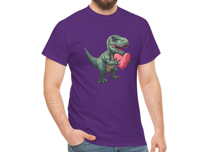 Modeled view of a purple T-shirt with a playful T-Rex holding a pink heart. Part of the Vivid Divergence Sensory Friendly Unisex Tees Range.