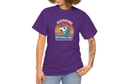 Model wearing a purple T-shirt with a "Aaaaand Why Should I Care?" text and unicorn rainbow retro graphic. Part of the Vivid Divergence Sensory Friendly Unisex Tees Range.