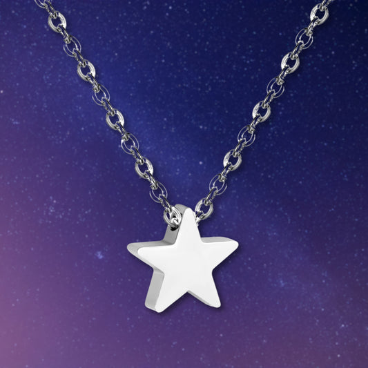 Close-up of the Radiant Star Necklace with a silver star pendant on a delicate chain against a gradient starry background.