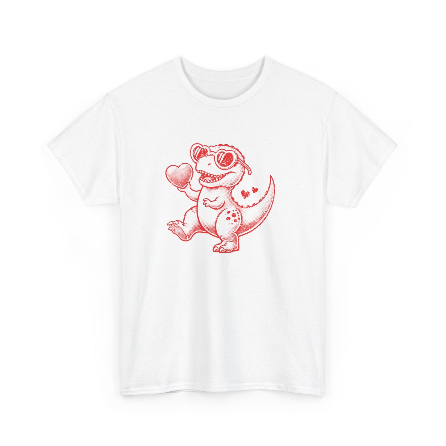 Front view of a white T-shirt featuring a red cartoon dinosaur holding a heart, designed for Valentine’s Day. Exclusive release for Valentine’s Day. Part of the Vivid Divergence Sensory Friendly Unisex Tees Range.