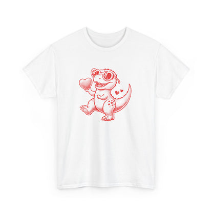 Front view of a white T-shirt featuring a red cartoon dinosaur holding a heart, designed for Valentine’s Day. Exclusive release for Valentine’s Day. Part of the Vivid Divergence Sensory Friendly Unisex Tees Range.