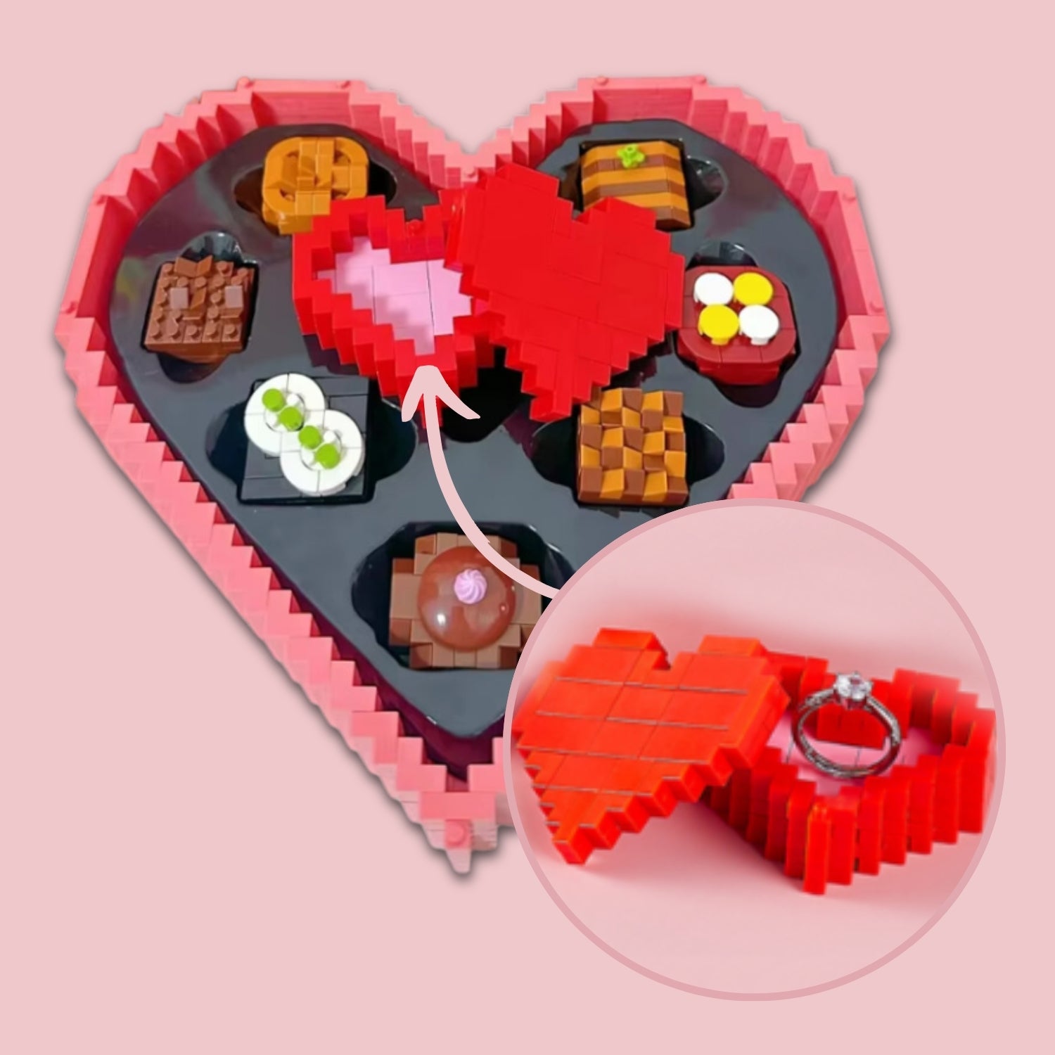 Red heart-shaped block holder with a ring inside, surrounded by chocolate-themed building block pieces.