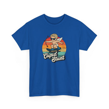 Front view of a royal blue T-shirt featuring a retro sunset background and a cartoon cupid with the text "Cupid Stunt." Exclusive release for Valentine’s Day. Part of the Vivid Divergence Sensory Friendly Unisex Tees Range.