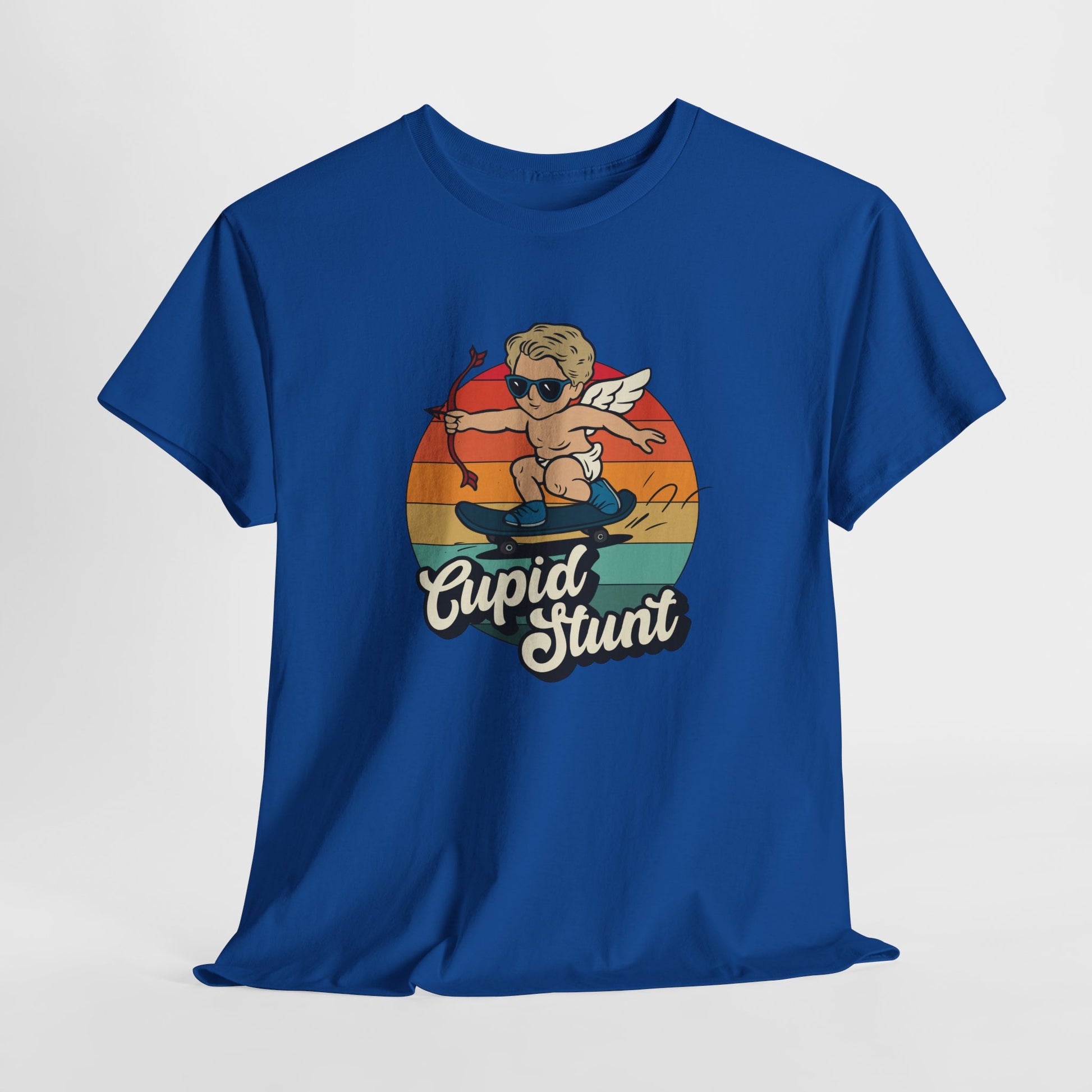 Hanging royal blue T-shirt featuring a retro sunset background and a cartoon cupid with the text "Cupid Stunt." Exclusive release for Valentine’s Day. Part of the Vivid Divergence Sensory Friendly Unisex Tees Range.