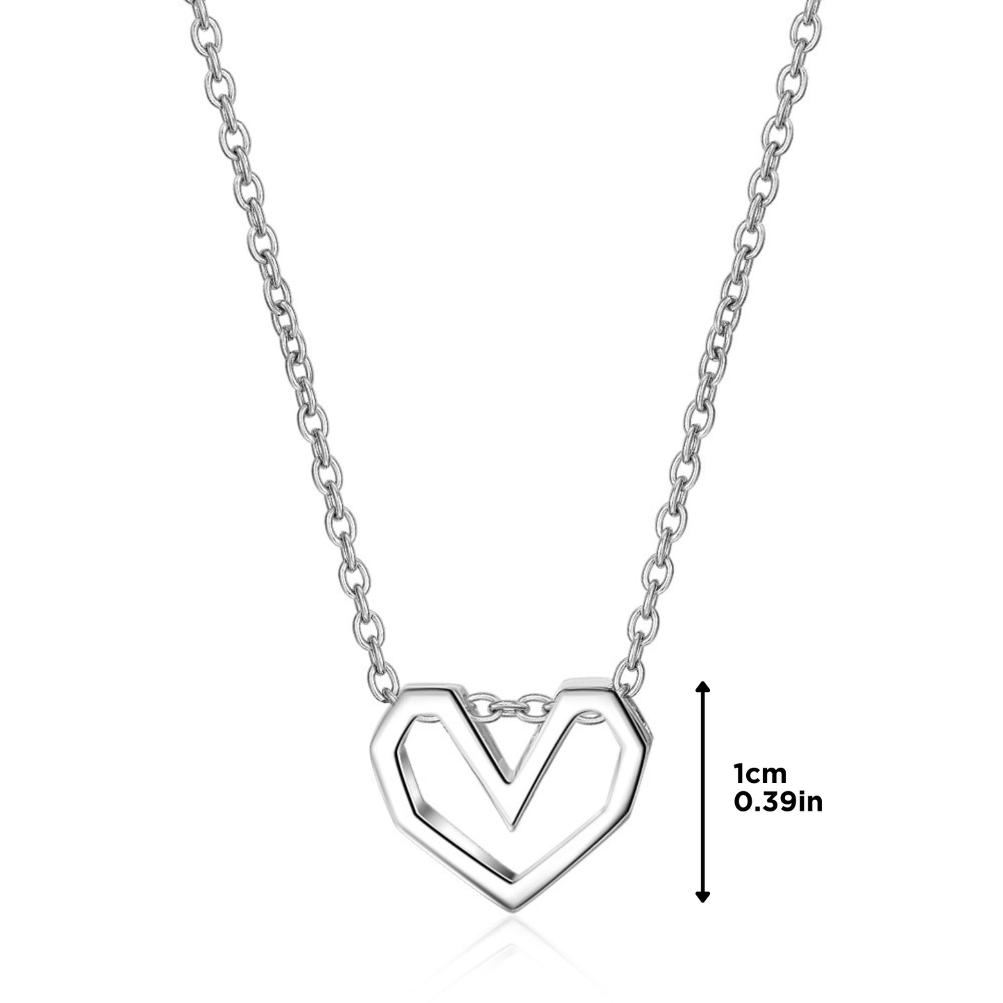 Close-up of a silver geometric open heart necklace with dimensions clearly shown, offering detailed insights into its size and proportions.