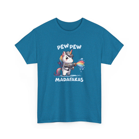 Front view of a teal T-shirt with a "Pew Pew Madafakas" unicorn graphic. Part of the Vivid Divergence Sensory Friendly Unisex Tees Range.