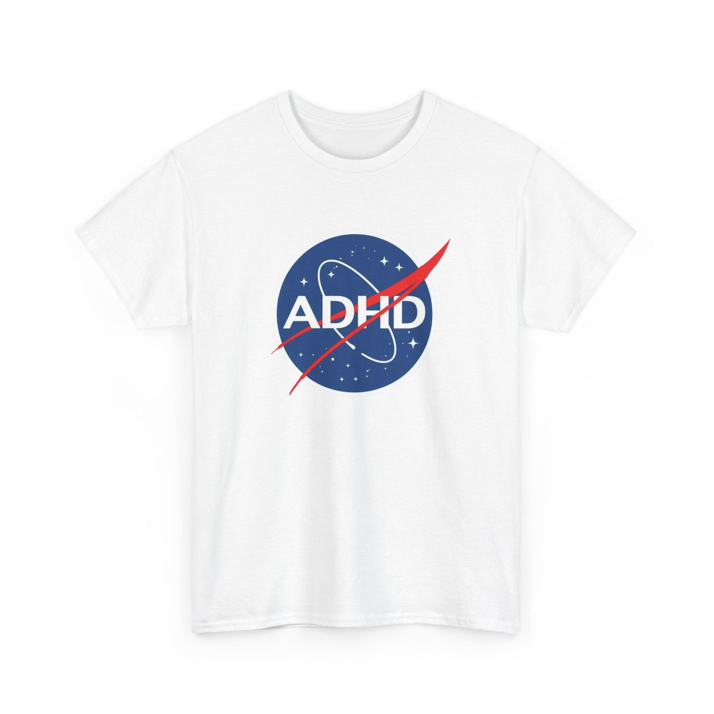 Front View of a white ADHD NASA parody T-shirt with a space-themed logo. Part of the Vivid Divergence Sensory Friendly Unisex Tees Range.