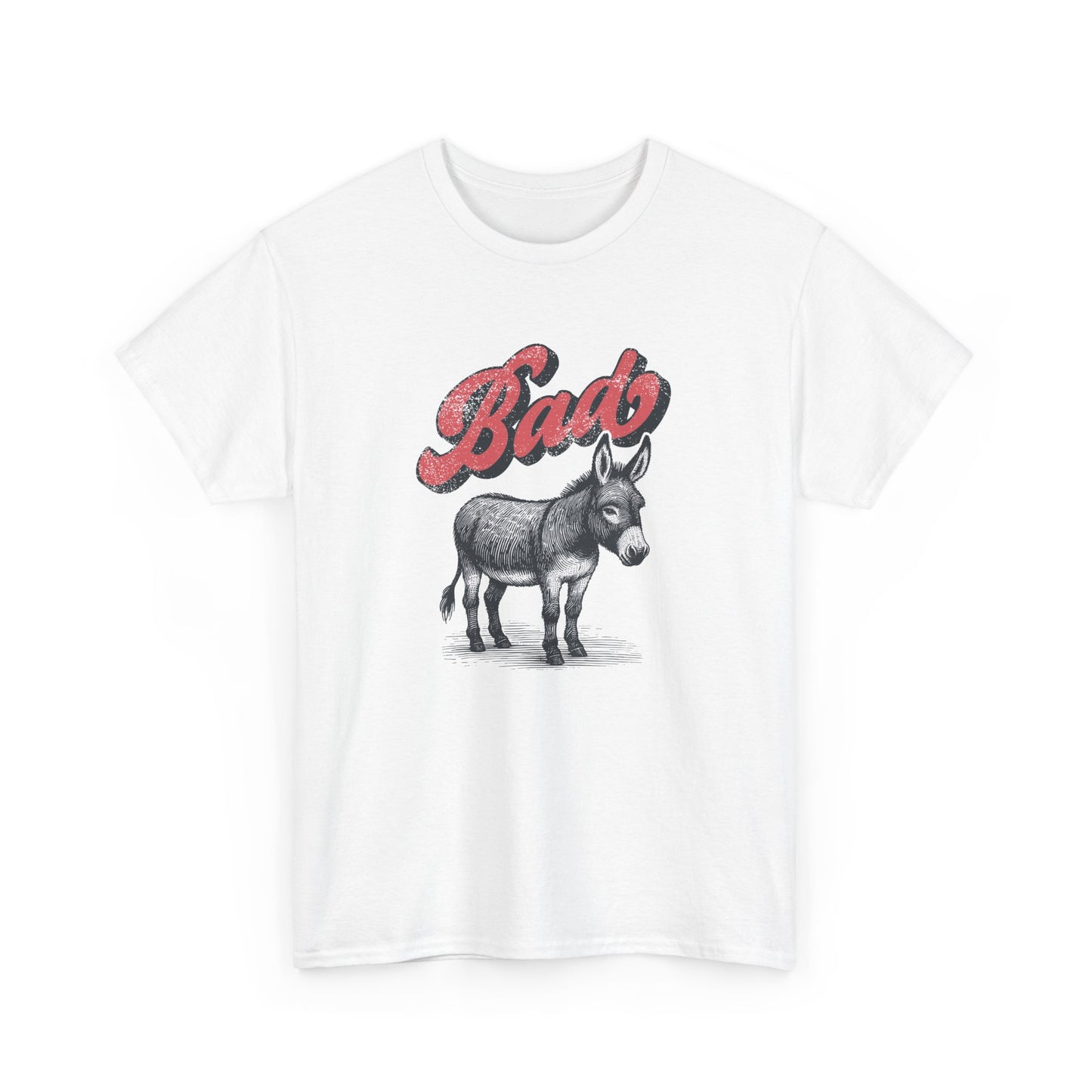 Front view of a white T-shirt featuring the word "Bad" in red text above a detailed donkey illustration, implying "Bad Ass." Part of the Vivid Divergence Sensory Friendly Unisex Tees Range.